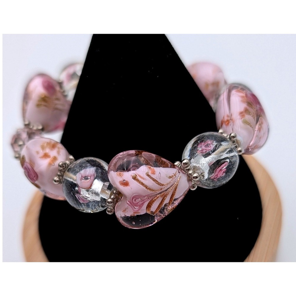 Handmade Lampwork Glass Heart Bead Stretch Bracelet Pink Gold Foil Floral Floral